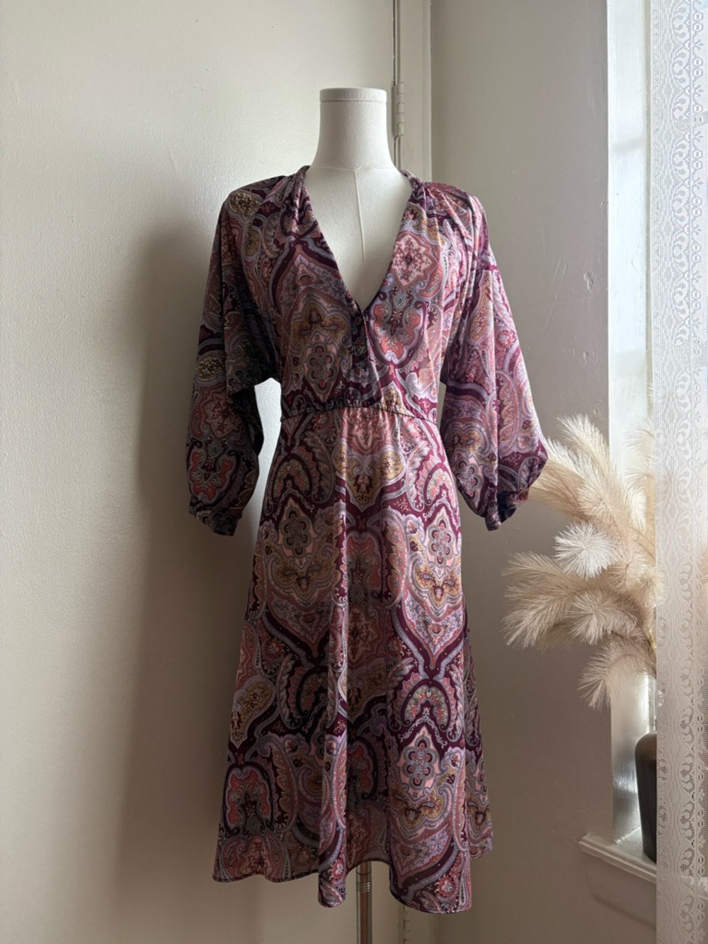 vintage 70s purple paisley midi dress